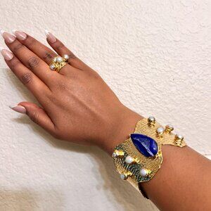 Gold Plated Gemstone Cuff Bracelet & Ring Set